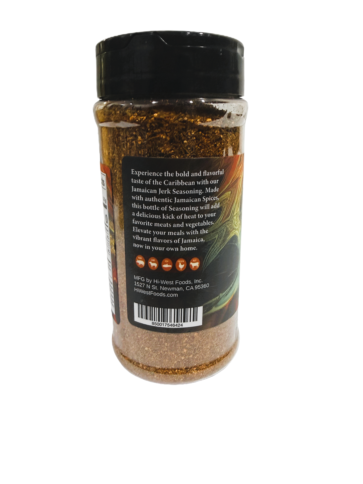 Jar of Hi-West Jamaican Jerk Seasoning with spicy blend, featuring colorful dried herbs and spices on the label.