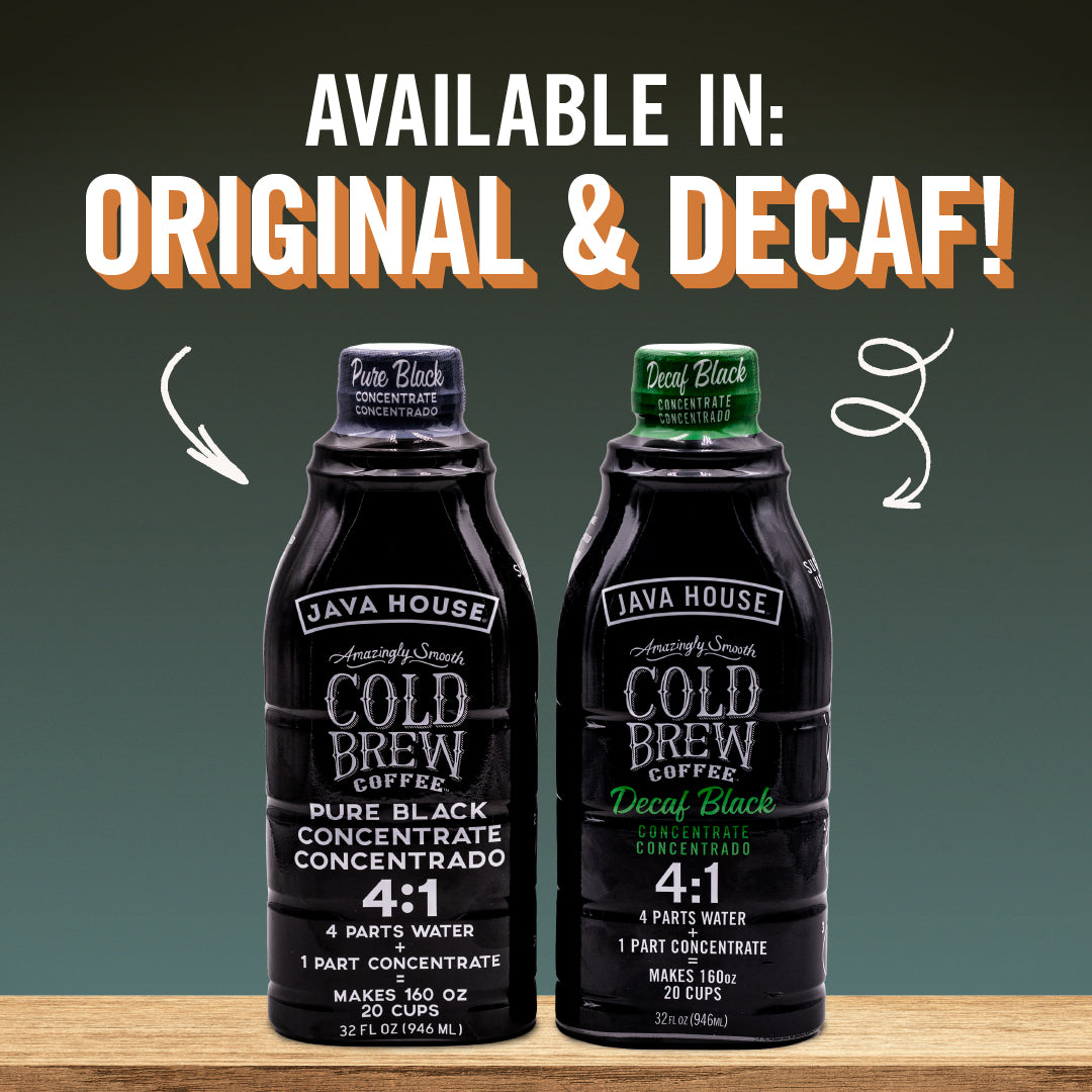 Decaf cold brew concentrate by Java House in a 32oz bottle, ready for making smooth, flavorful iced coffee at home.