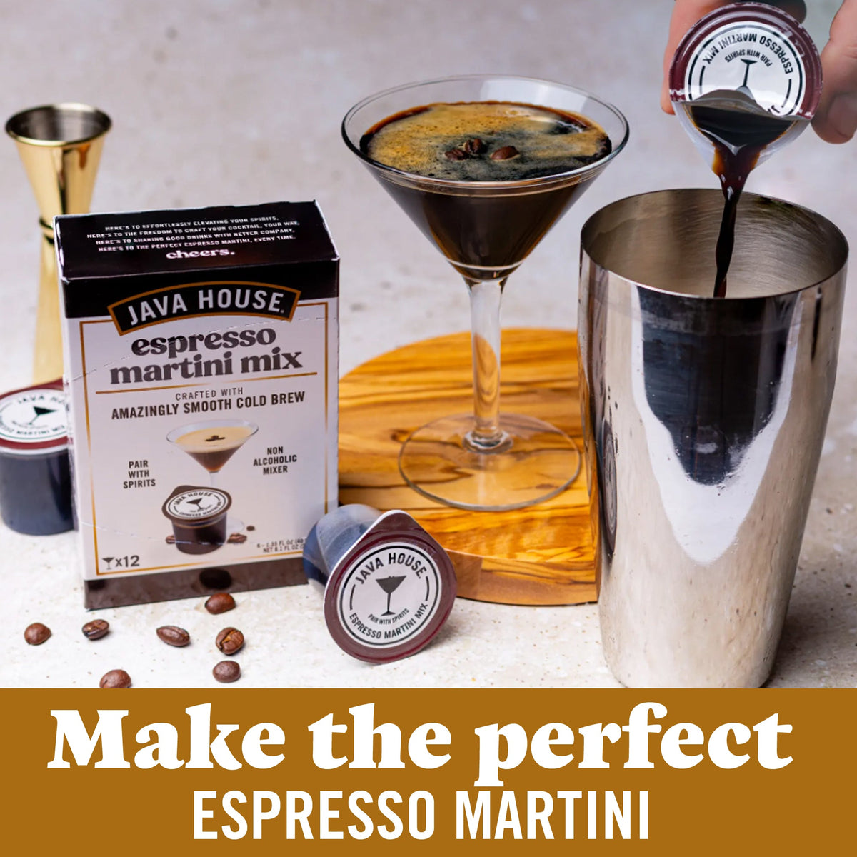 Java House Cold Brew Espresso Martini Mix in a bottle, ready to make flavorful espresso martinis at home.