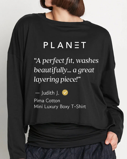 Black Pima cotton mini luxury boxy T-shirt by PLANET by Lauren G, shown flat with short sleeves and crew neckline.