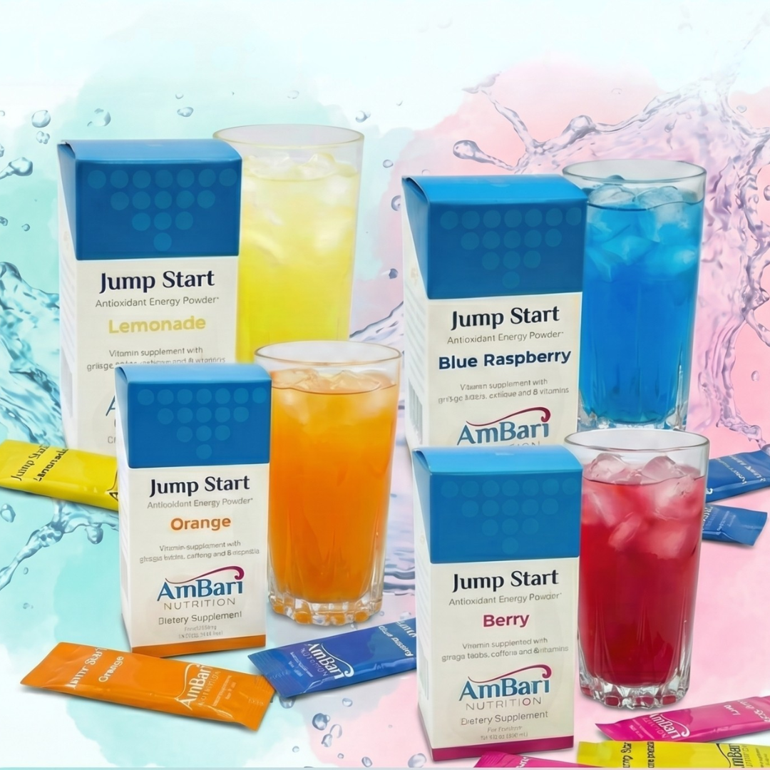 Assorted flavors of AmBari Nutrition Jump Start Energy Drink Mix in colorful packaging, designed for quick energy boost.