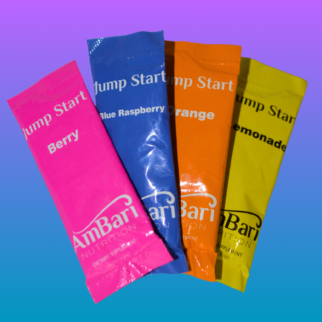 AmBari Nutrition Jump Start energy drink mix powder packets, orange-flavored energy supplement, expiration date 7/31/2026.