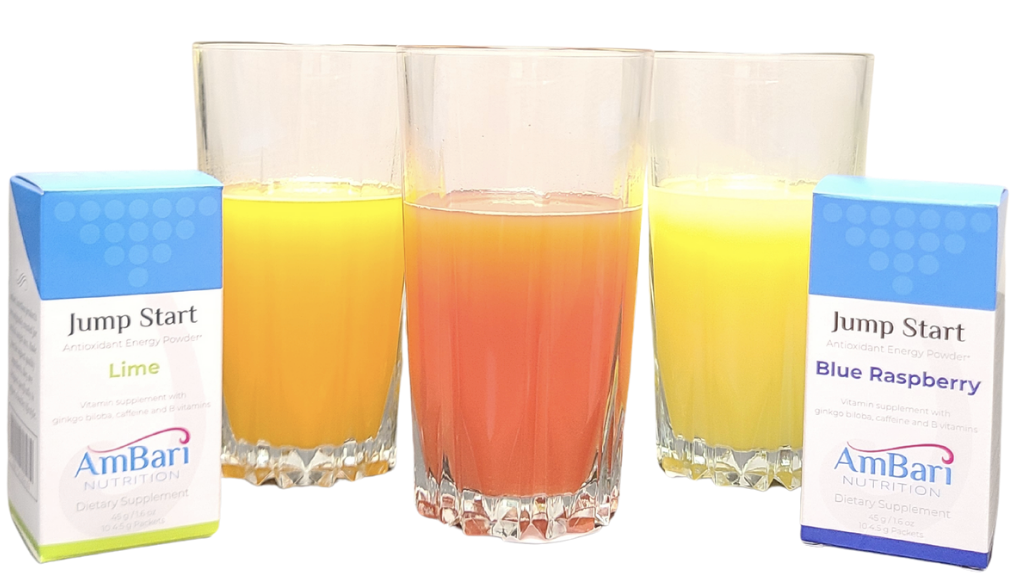 AmBari Nutrition Jump Start energy drink mix powder in a colorful container, ready for quick energy boost.