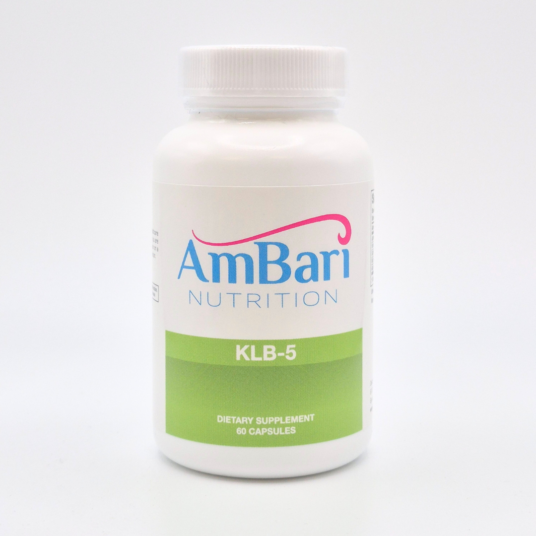 AmBari Nutrition KLB-5 supplement bottle with label showing capsules and product details on a white background.
