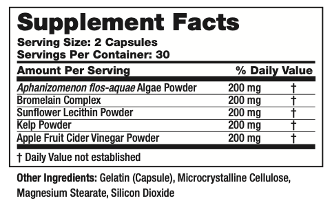 AmBari Nutrition KLB-5 supplement facts label showing ingredients and nutritional information in a clear, detailed format.