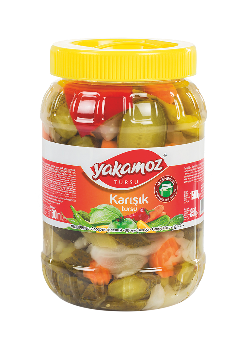 Glass jar of S101 Yakamoz mixed pickles with assorted vegetables in a clear jar, showcasing colorful preserved vegetables.