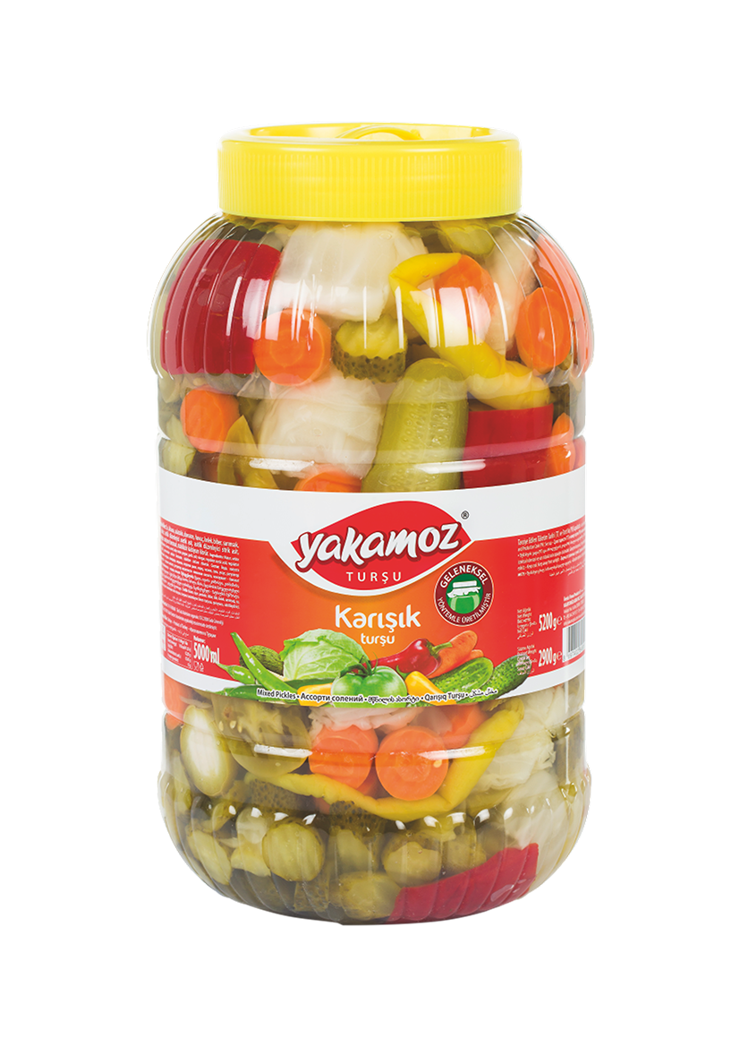 S101 Yakamoz mixed pickles in a glass jar, showcasing colorful assorted vegetables for flavorful snacking.