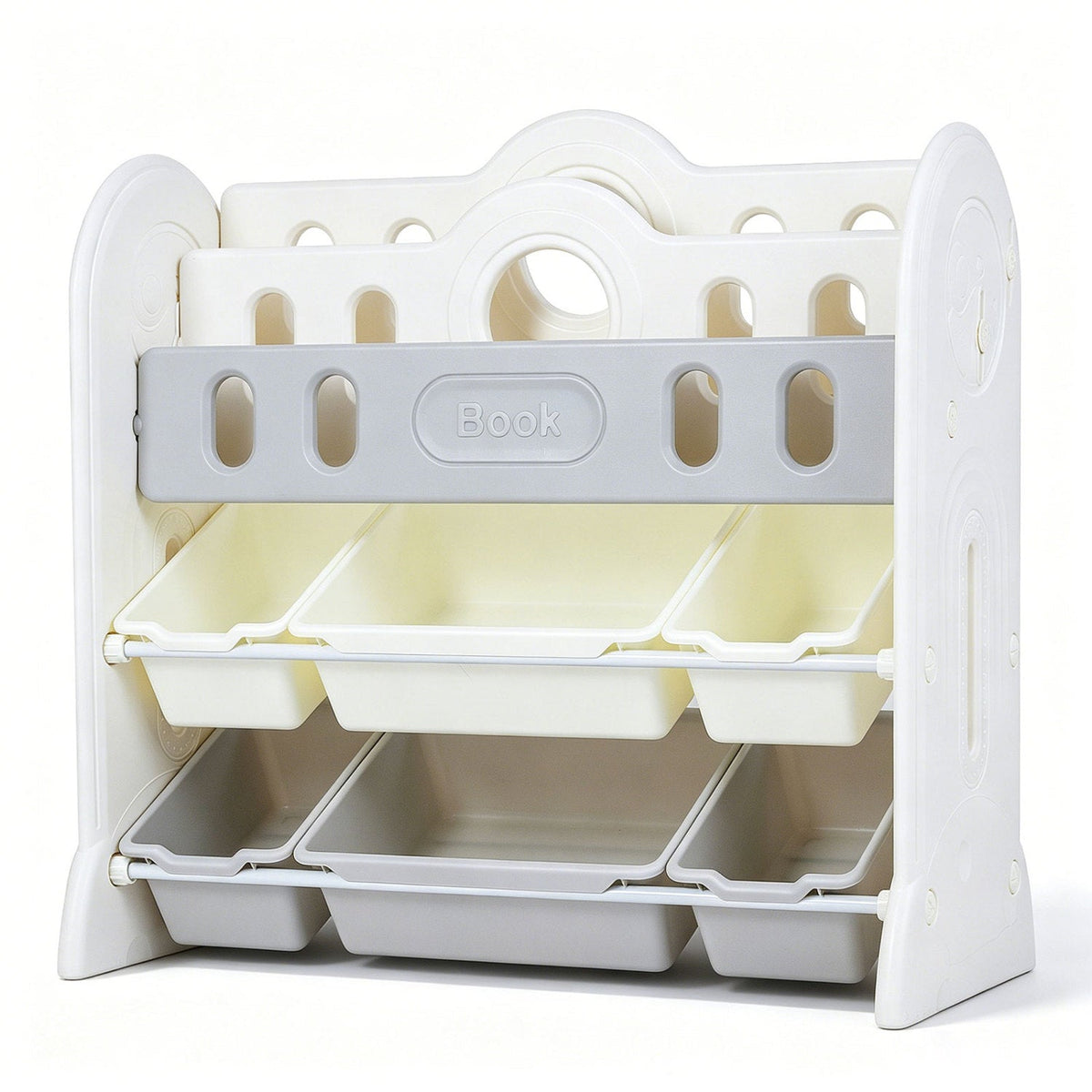 Kids storage organizer by GBruno Store with a bookshelf and six colorful bins for toys and books.