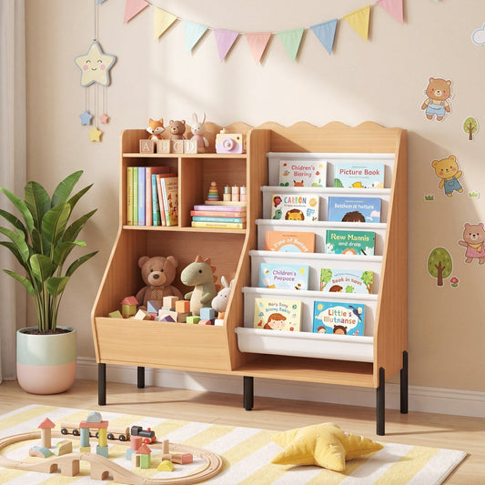 Kids bookshelf and toy storage organizer with five fabric pockets, GBruno Store kids storage furniture for easy organization.