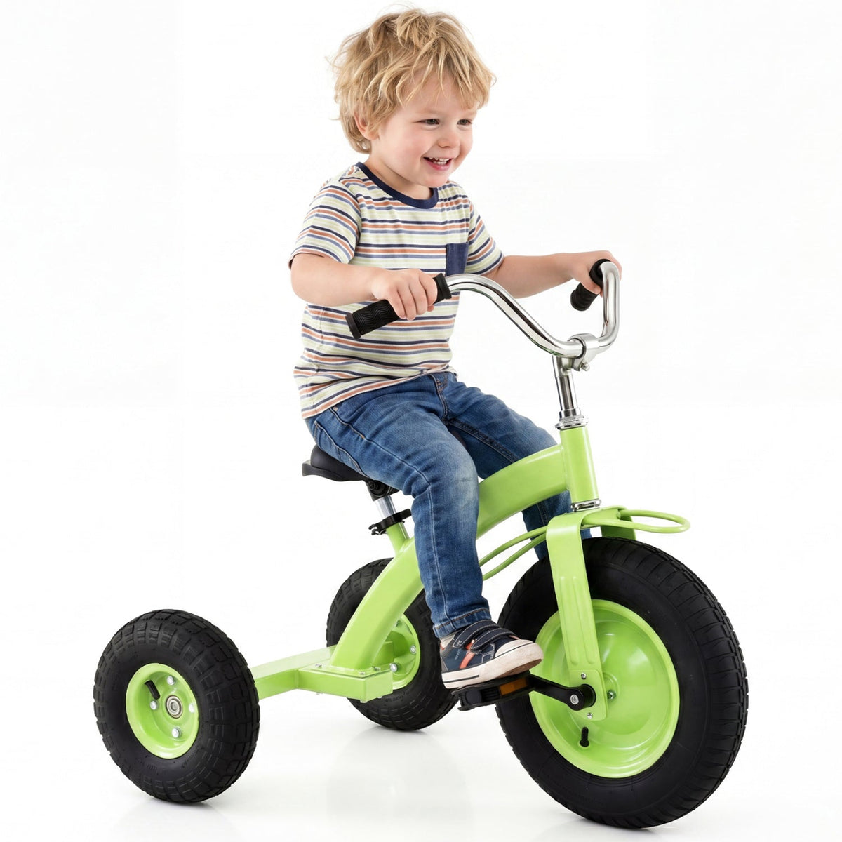 Kids bike with carbon steel frame and 15-inch inflatable tires, designed for young riders, in a vibrant blue color.
