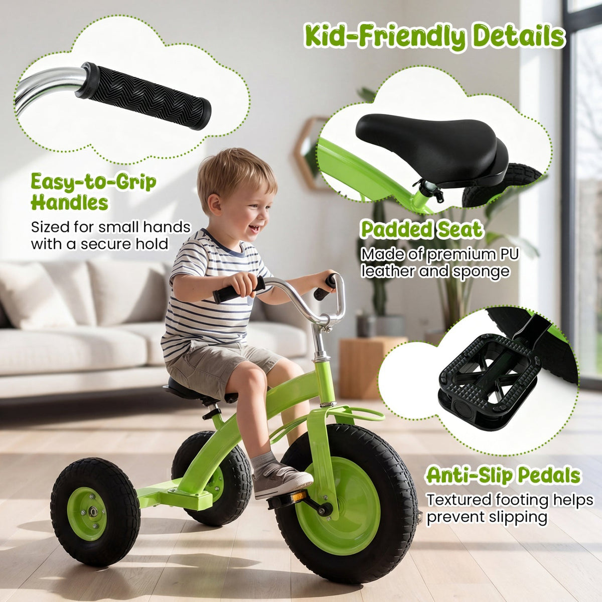 Kids bike with carbon steel frame and 15-inch inflatable tires, designed for young riders, featuring a sturdy and colorful build.