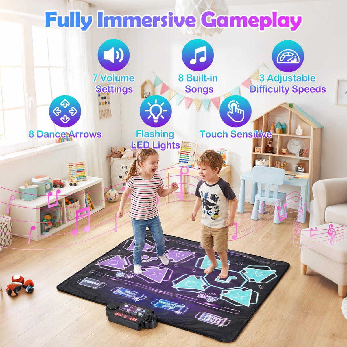 Electronic kids dance mat with LED lights and 8 songs, featuring colorful buttons for active play.