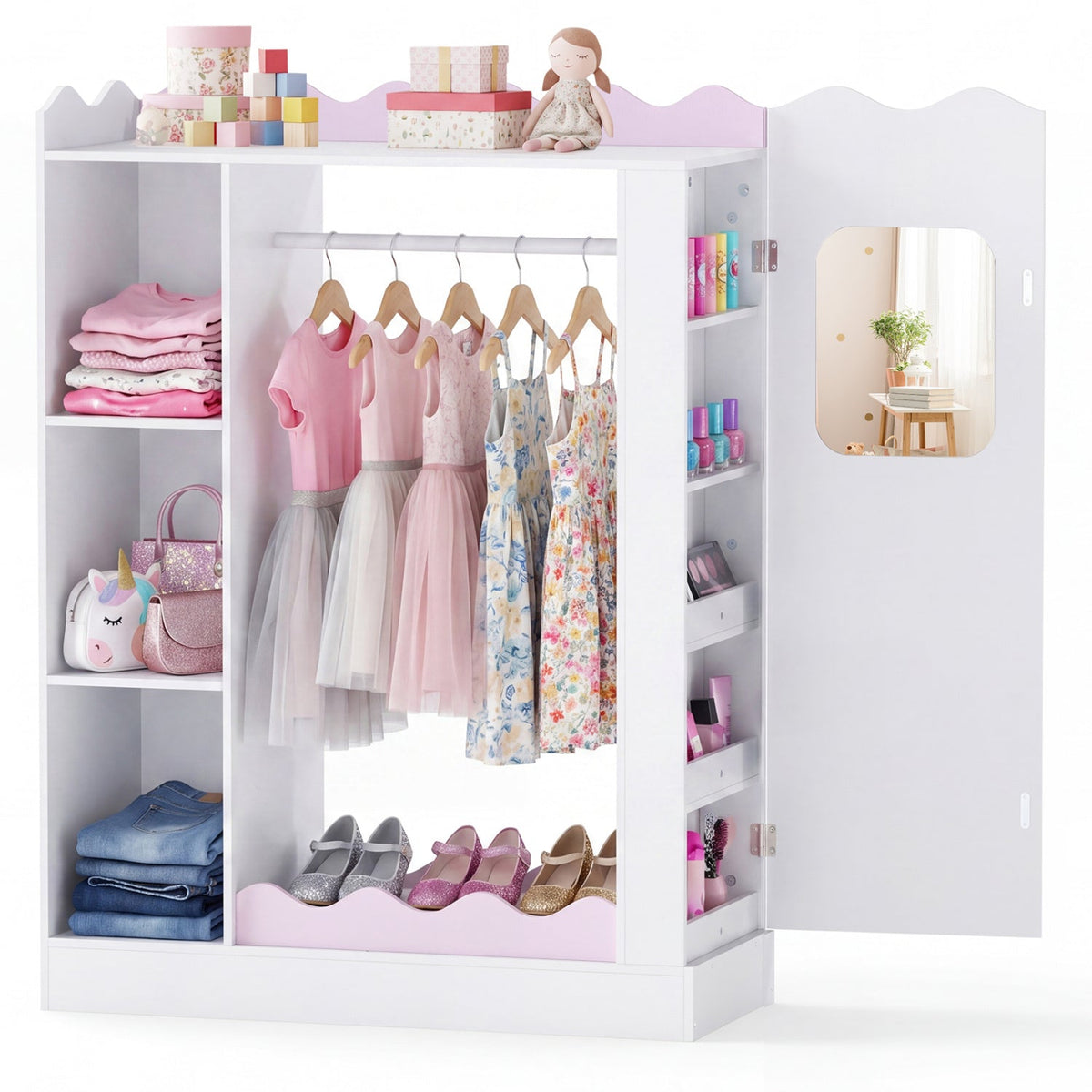 Pink kids dress-up storage furniture with mirror and hanging rack, designed for organizing kids' clothes and accessories.