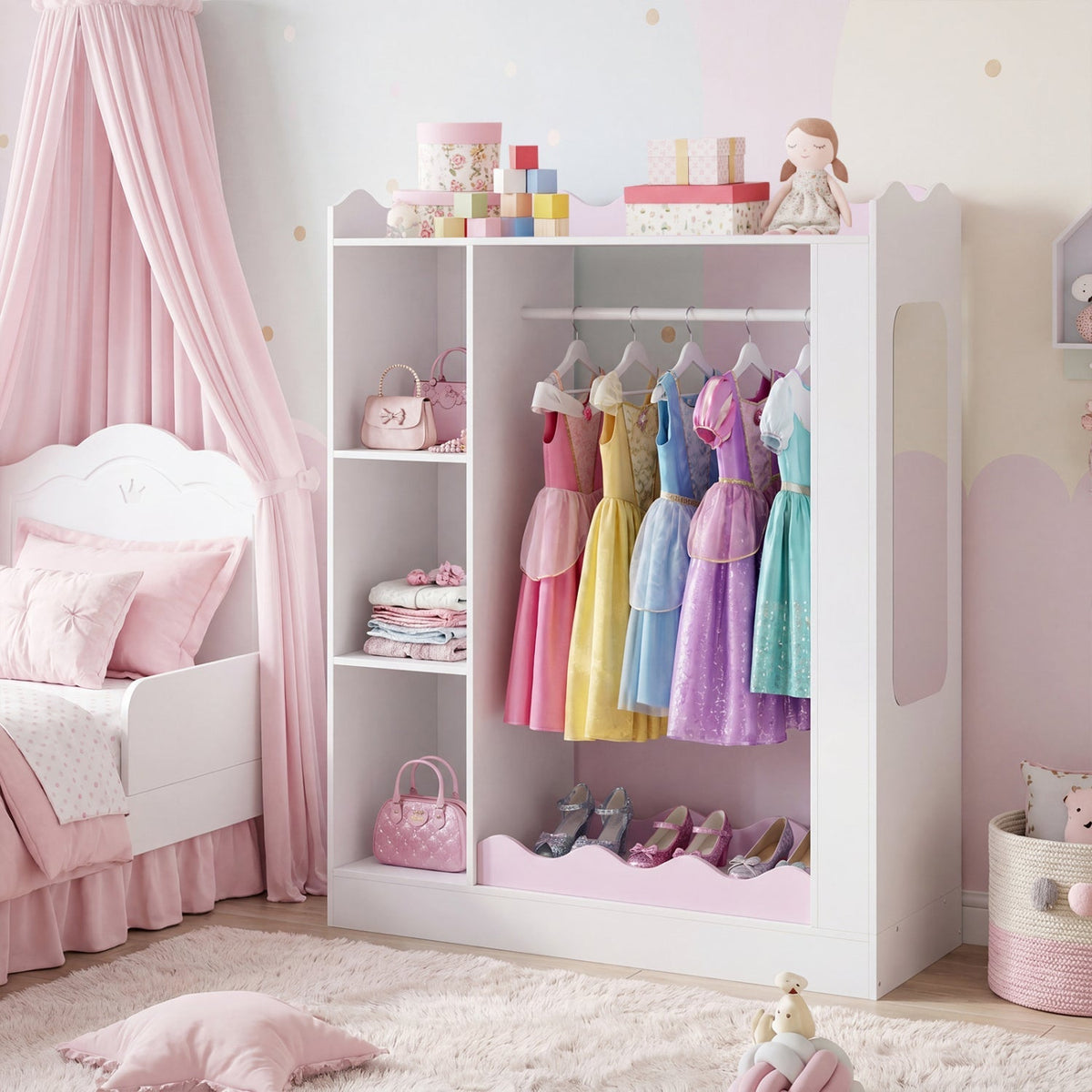 Pink kids dress-up storage with mirror and hanging rack, made of GBruno Store kids storage furniture for organized play and dressing.