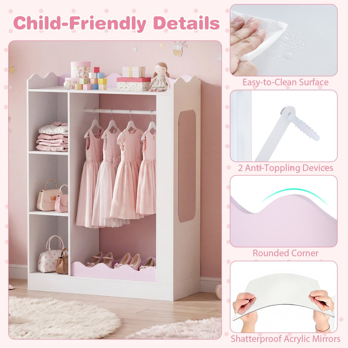 Pink kids dress-up storage with mirror and hanging rack, wooden furniture for organizing kids' clothing and accessories.