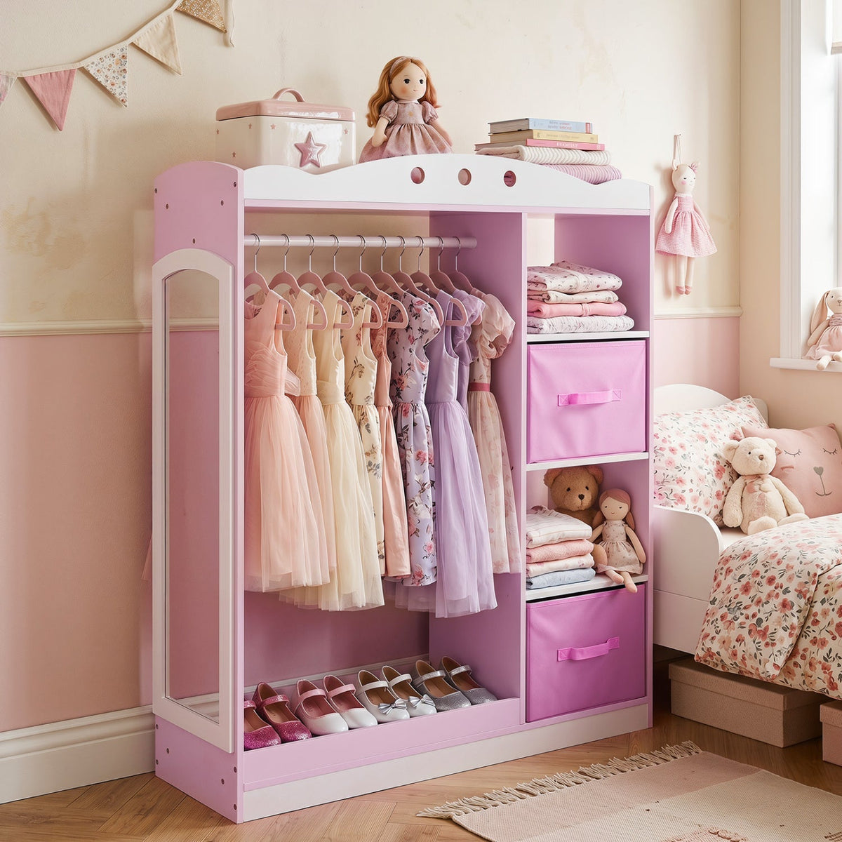 Pink kids dress-up storage furniture with full-length mirror by GBruno Store, featuring compartments for organizing clothes and accessories.