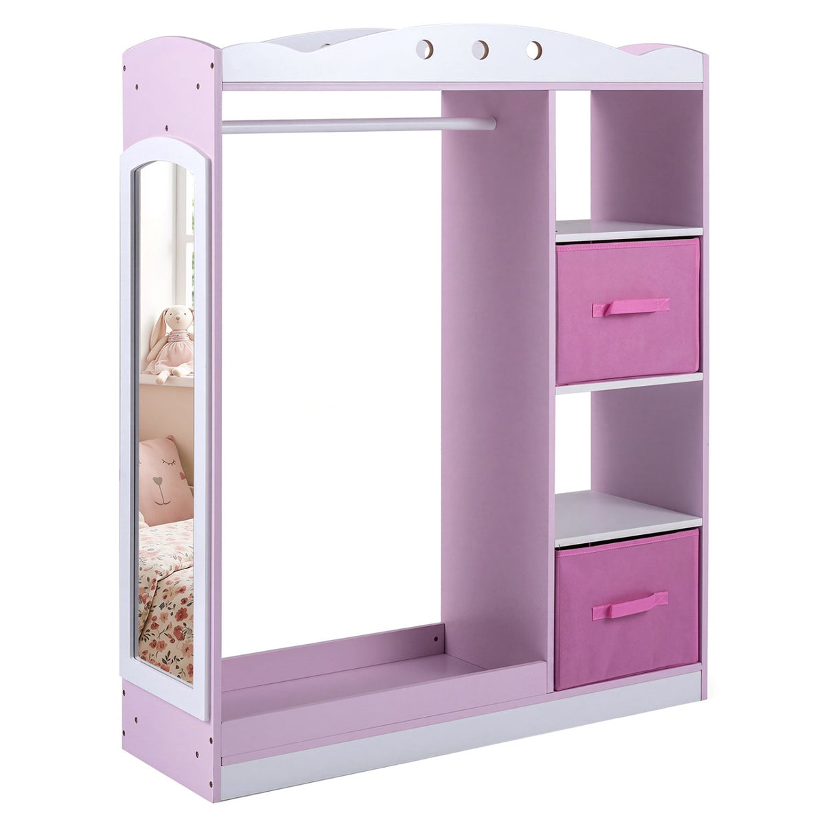 Pink kids dress-up storage furniture with a full-length mirror, designed for organizing children's clothing and accessories.