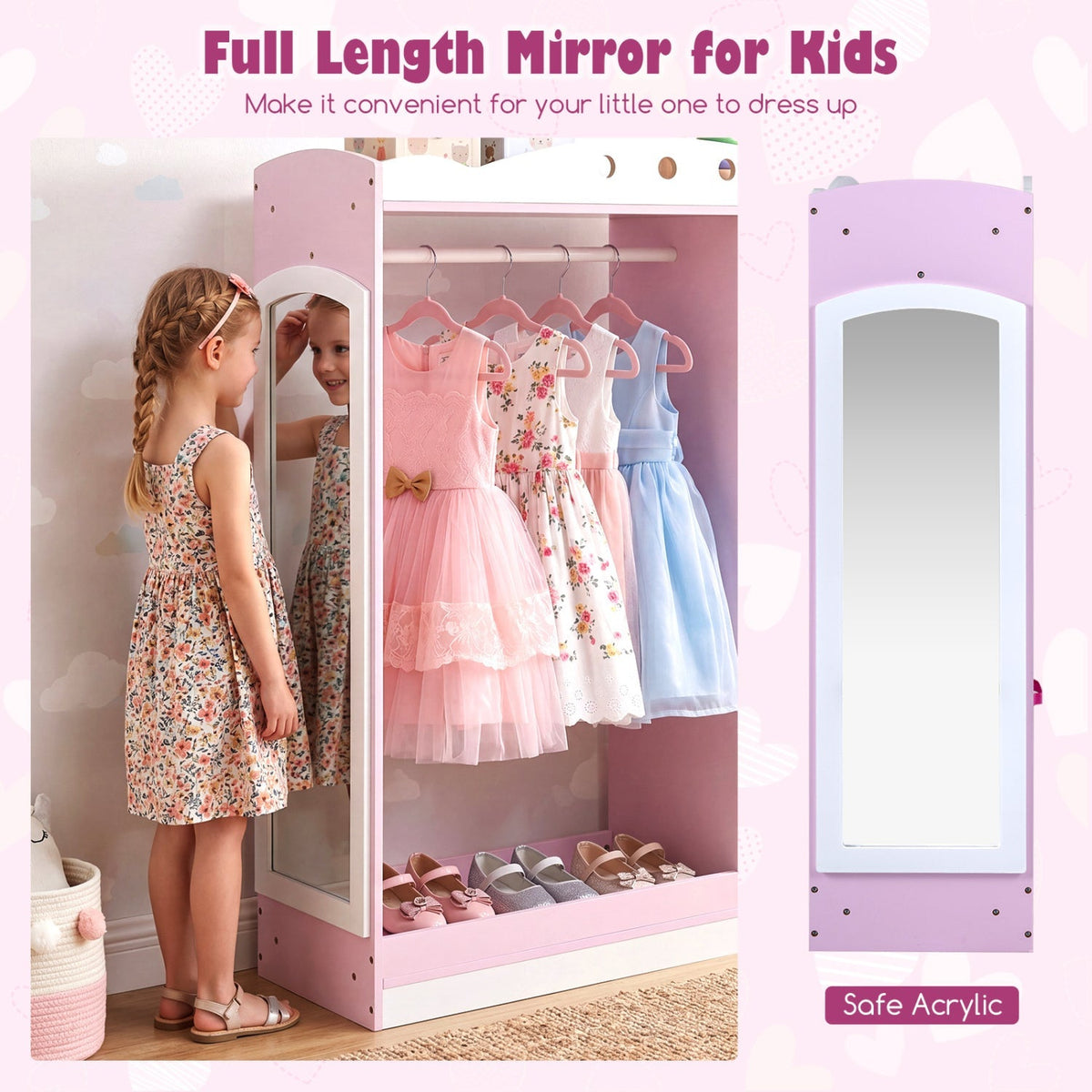 Pink kids dress-up storage with full-length mirror, GBruno Store kids furniture for organizing costumes and accessories.
