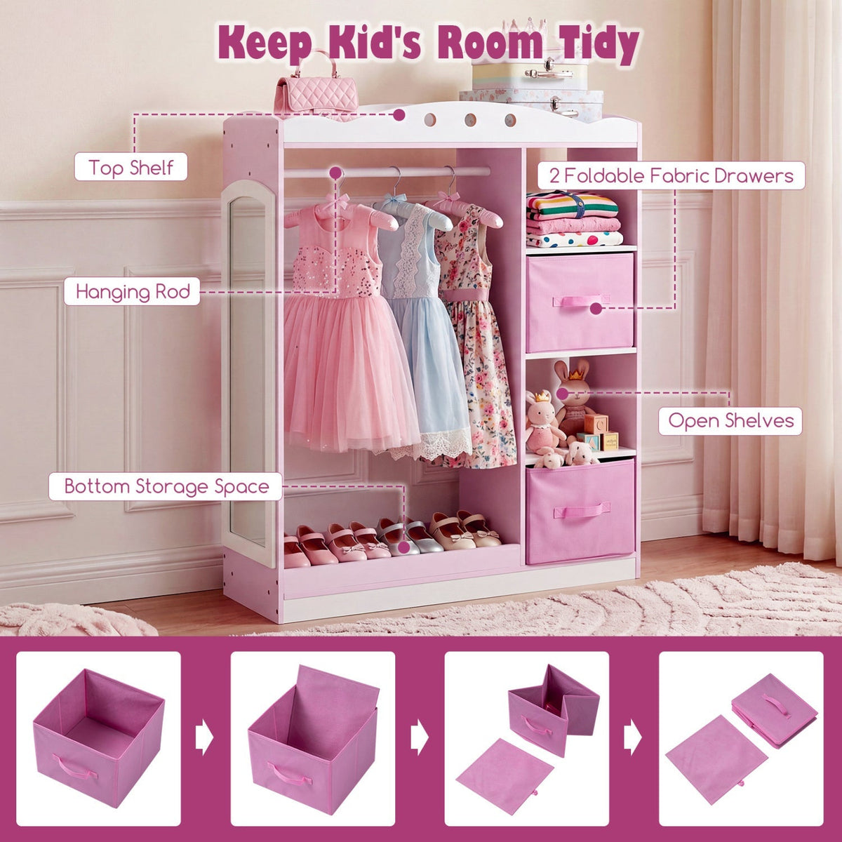 Pink kids dress-up storage with full-length mirror, GBruno Store children's furniture for organizing costumes and accessories.
