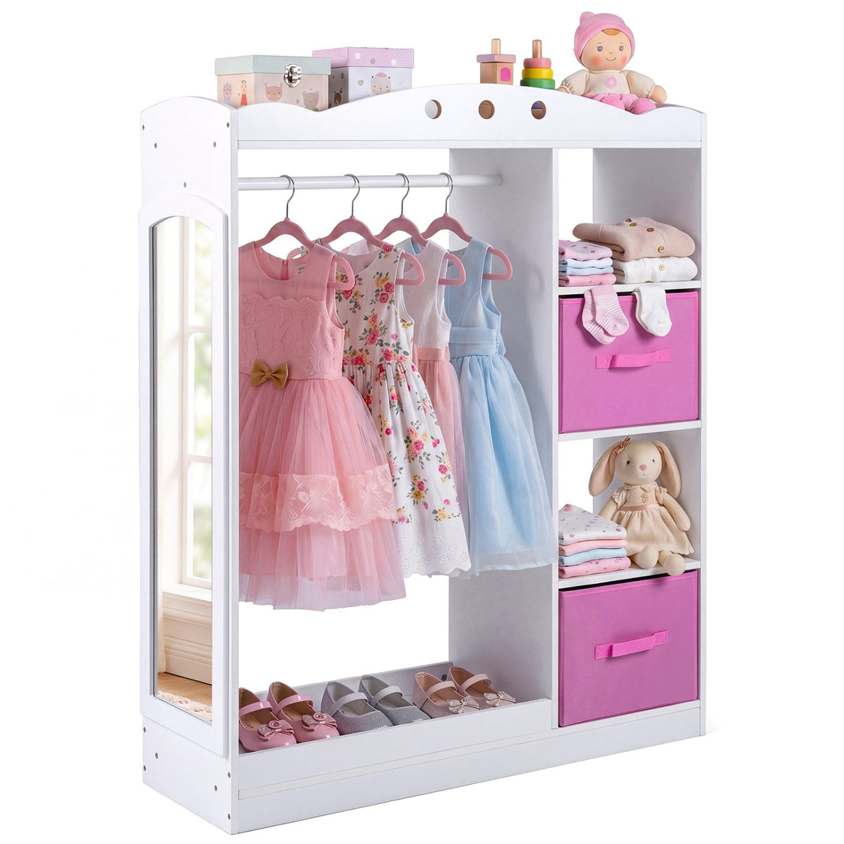 Pink kids dress-up storage unit with full-length mirror, featuring shelves and hooks for organizing children's clothing and accessories.