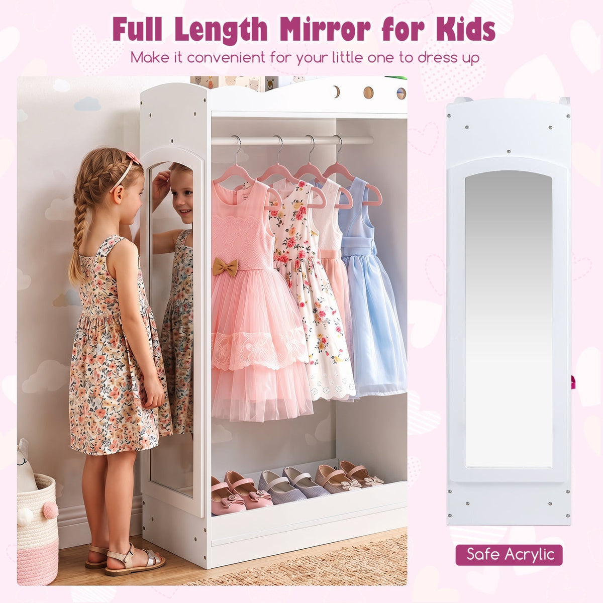 Pink kids dress-up storage cabinet with full-length mirror, featuring shelves and hooks for organizing children's costumes and accessories.