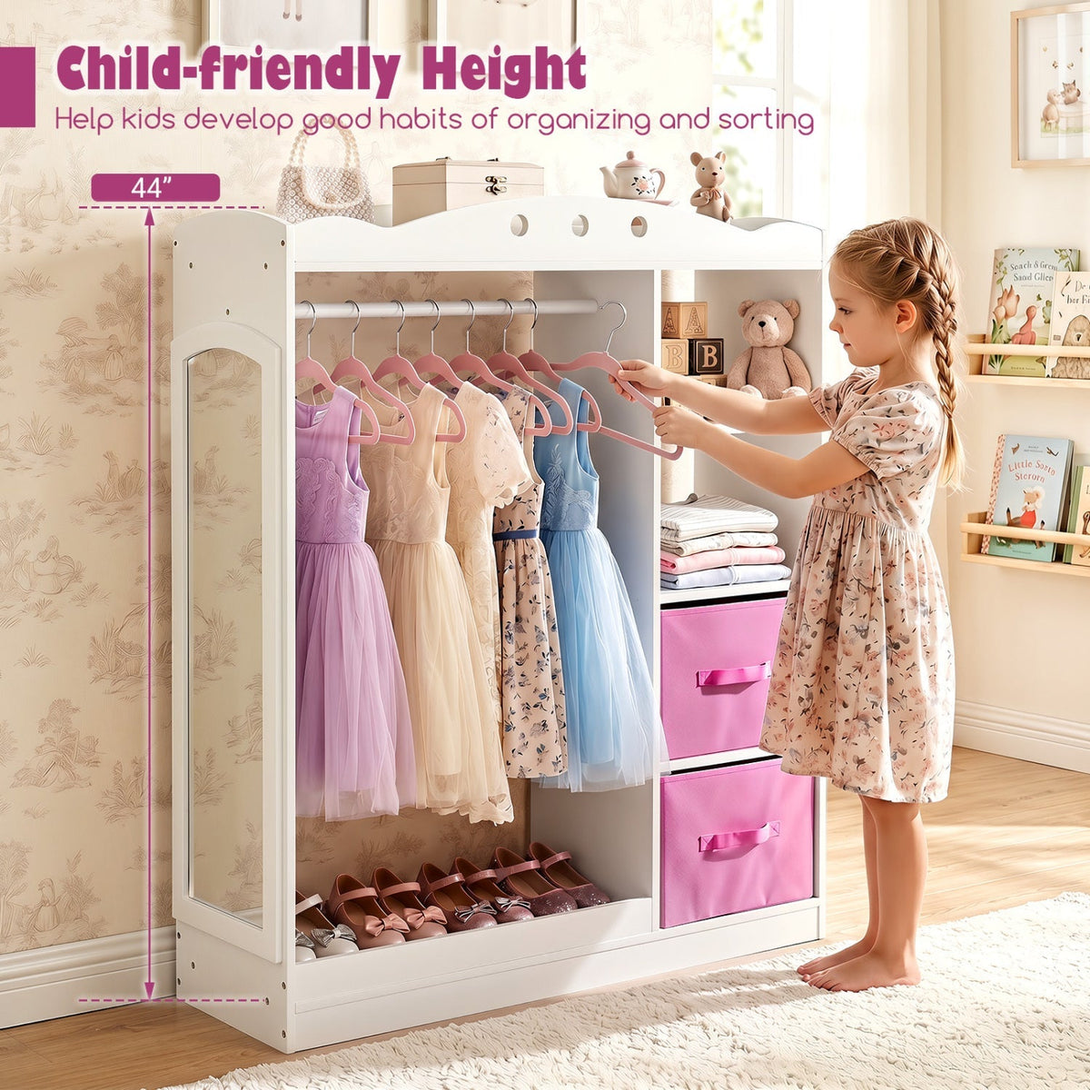 Pink kids dress-up storage with full-length mirror, GBruno Store kids furniture for organizing clothing and accessories.