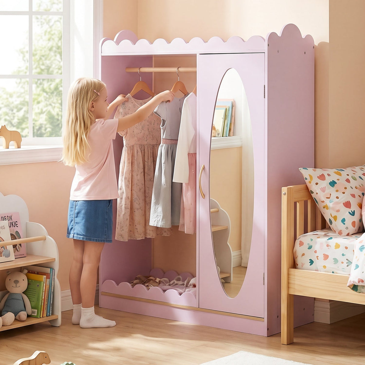 Pink kids storage cabinet with a full-length mirror, designed for dress-up clothes and toys, by GBruno Store.