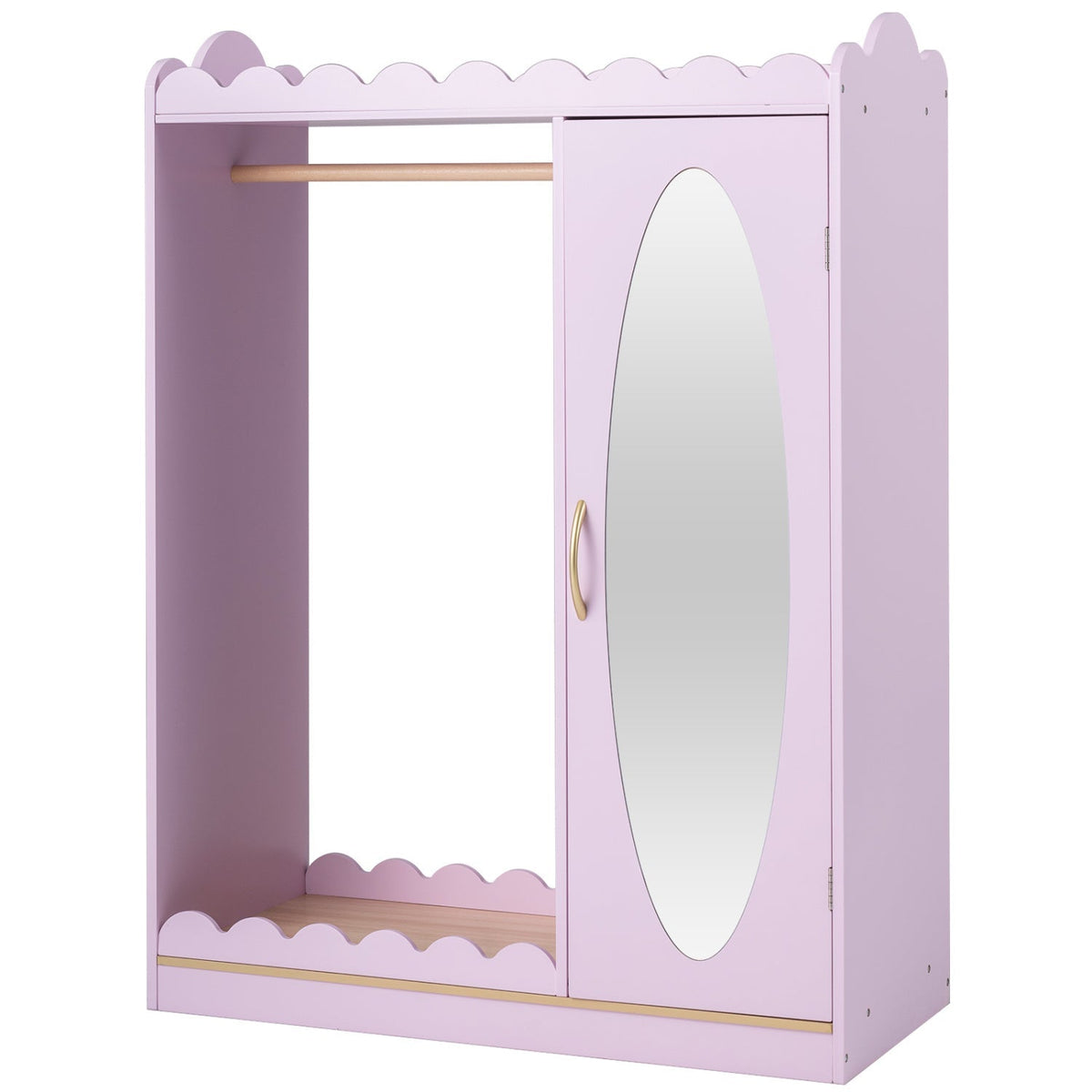 Pink kids dress-up storage cabinet with a full-length mirror, designed for children's clothing and accessories, by GBruno Store.