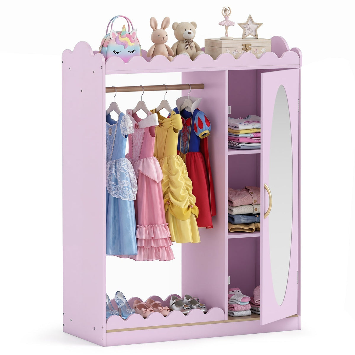 Pink kids dress-up storage cabinet with full-length mirror and compartments, designed for children's clothing and accessories.