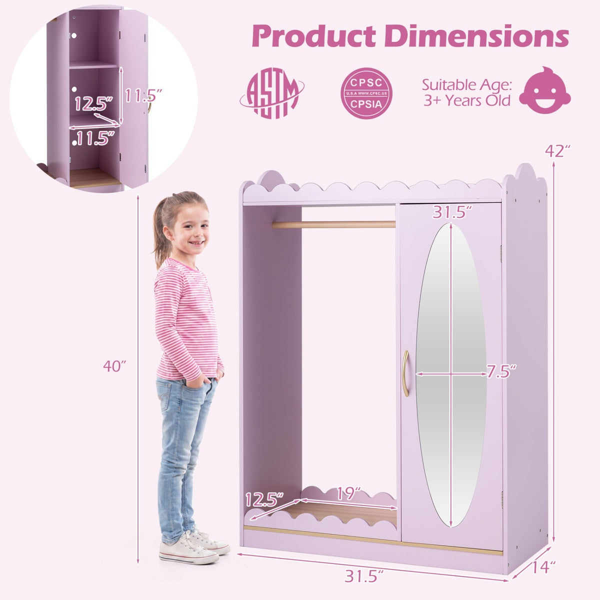 Pink kids storage furniture cabinet with full-length mirror, featuring compartments for dress-up clothes and accessories.