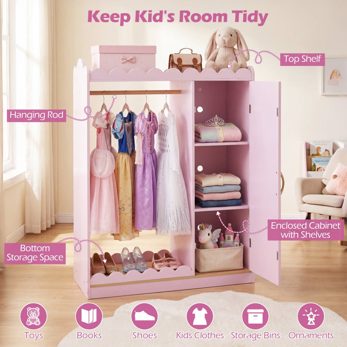 Pink kids dress-up storage cabinet with full-length mirror, made of durable kids storage furniture by GBruno Store.