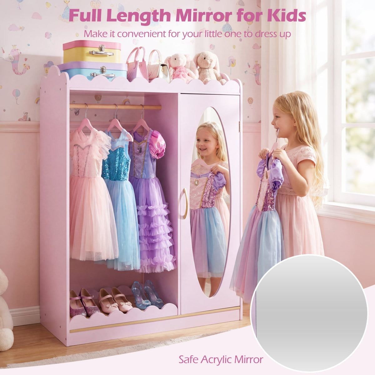Pink kids storage cabinet with full-length mirror, designed for dress-up clothes and accessories, by GBruno Store.
