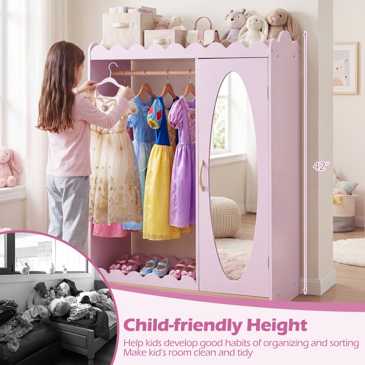 Pink kids dress-up storage cabinet with full-length mirror, featuring shelves and hooks for clothing and accessories.