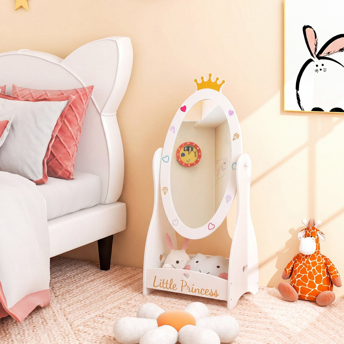 Kids full-length mirror with a rotatable design and built-in shelf, ideal for children's bedrooms for style and practicality.