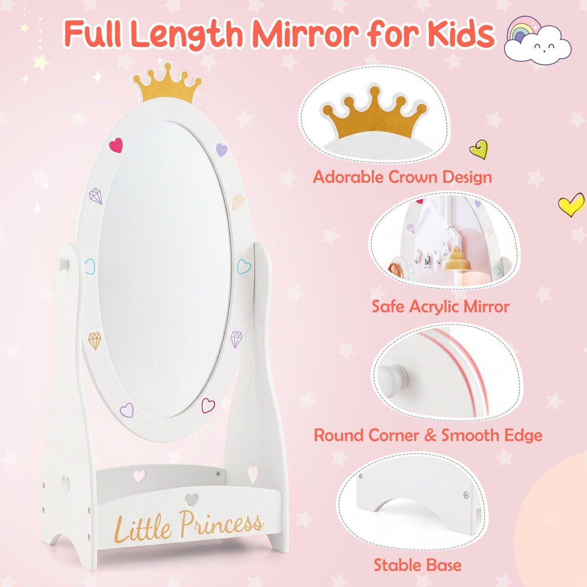 Kids full-length mirror with a rotatable design and shelf, featuring a colorful frame ideal for children's bedrooms.