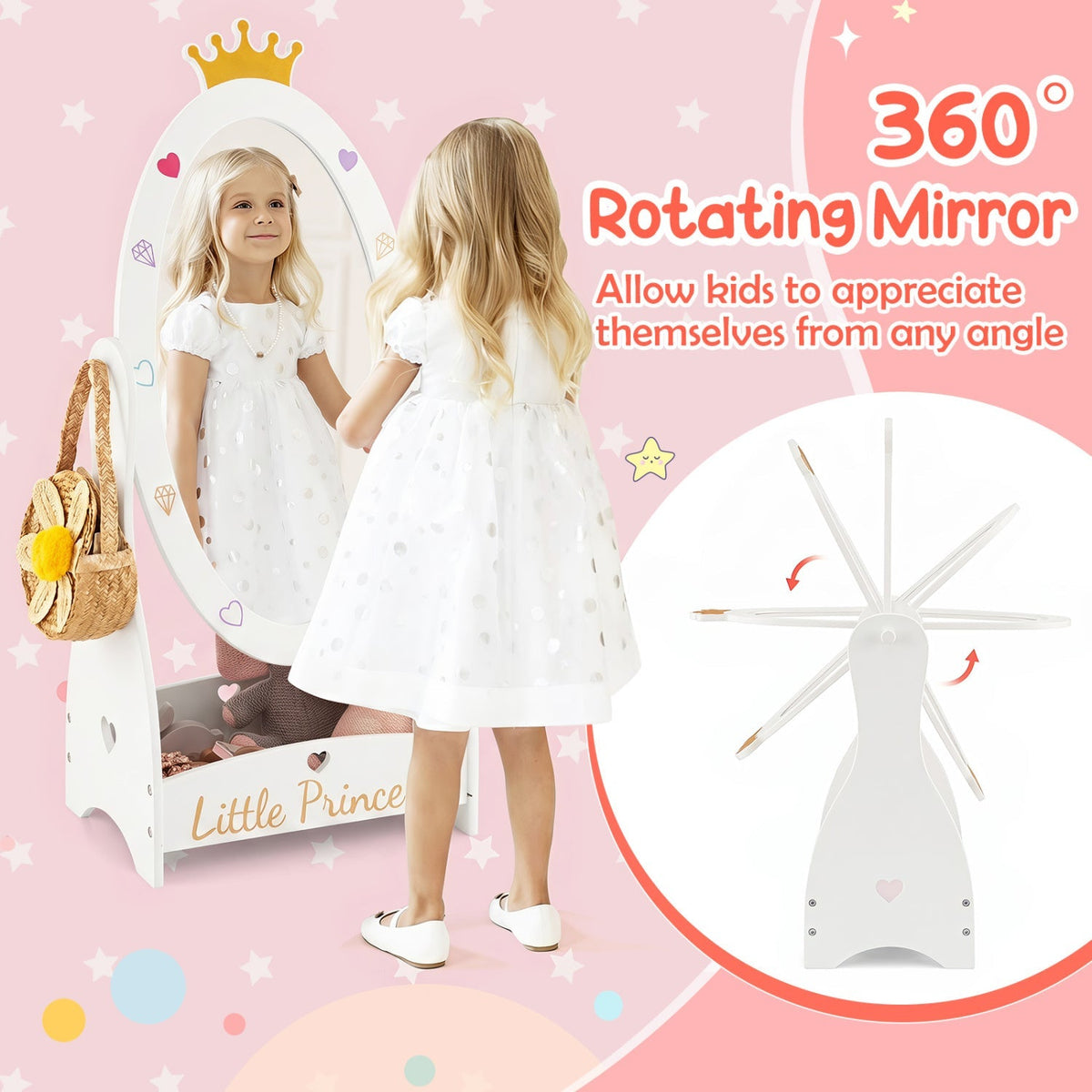 Kids full-length mirror with rotatable design and shelf by GBruno Store, showing a child’s reflection and adjustable frame.