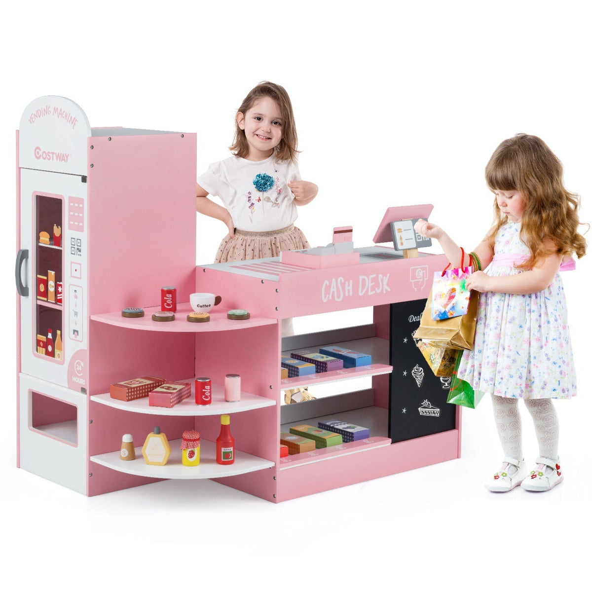 Kids grocery store playset with cash register and POS machine, includes colorful toy food and shopping accessories for imaginative play.
