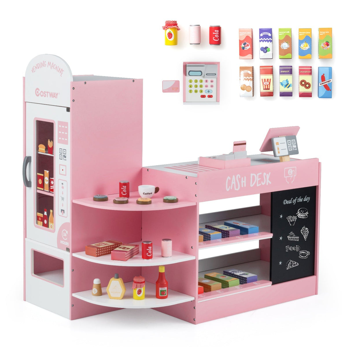 Kids grocery store playset with cash register and POS machine, featuring colorful toy food and shopping accessories for imaginative play.