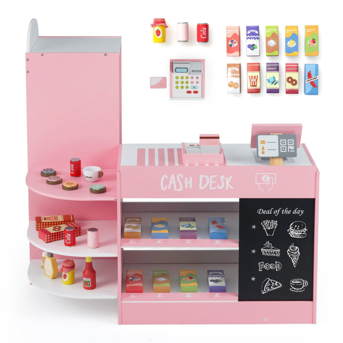 Kids play kitchen set with grocery store, cash register, and POS machine from GBruno Store, featuring colorful toy food and shopping accessories.