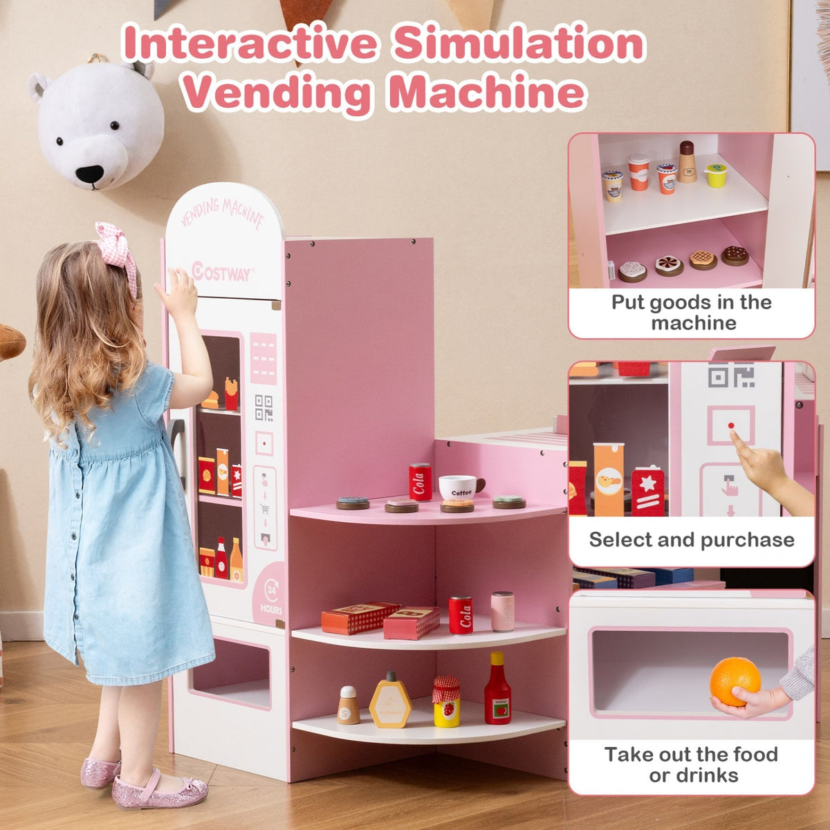 Kids grocery store playset with cash register and POS machine, includes colorful toy food and shopping accessories for imaginative play.