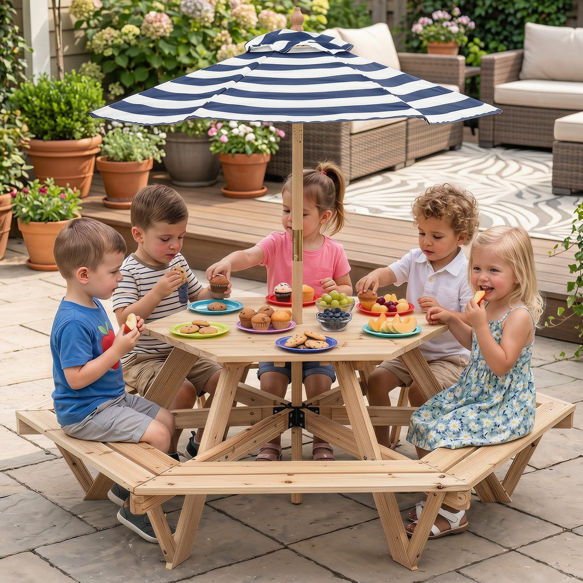 Kids hexagonal picnic table with umbrella and six benches, GBruno Store kids furniture, outdoor play and seating for children