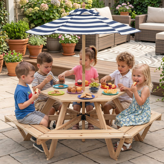 Kids hexagonal picnic table with umbrella and six benches, GBruno Store kids furniture, outdoor play and seating for children
