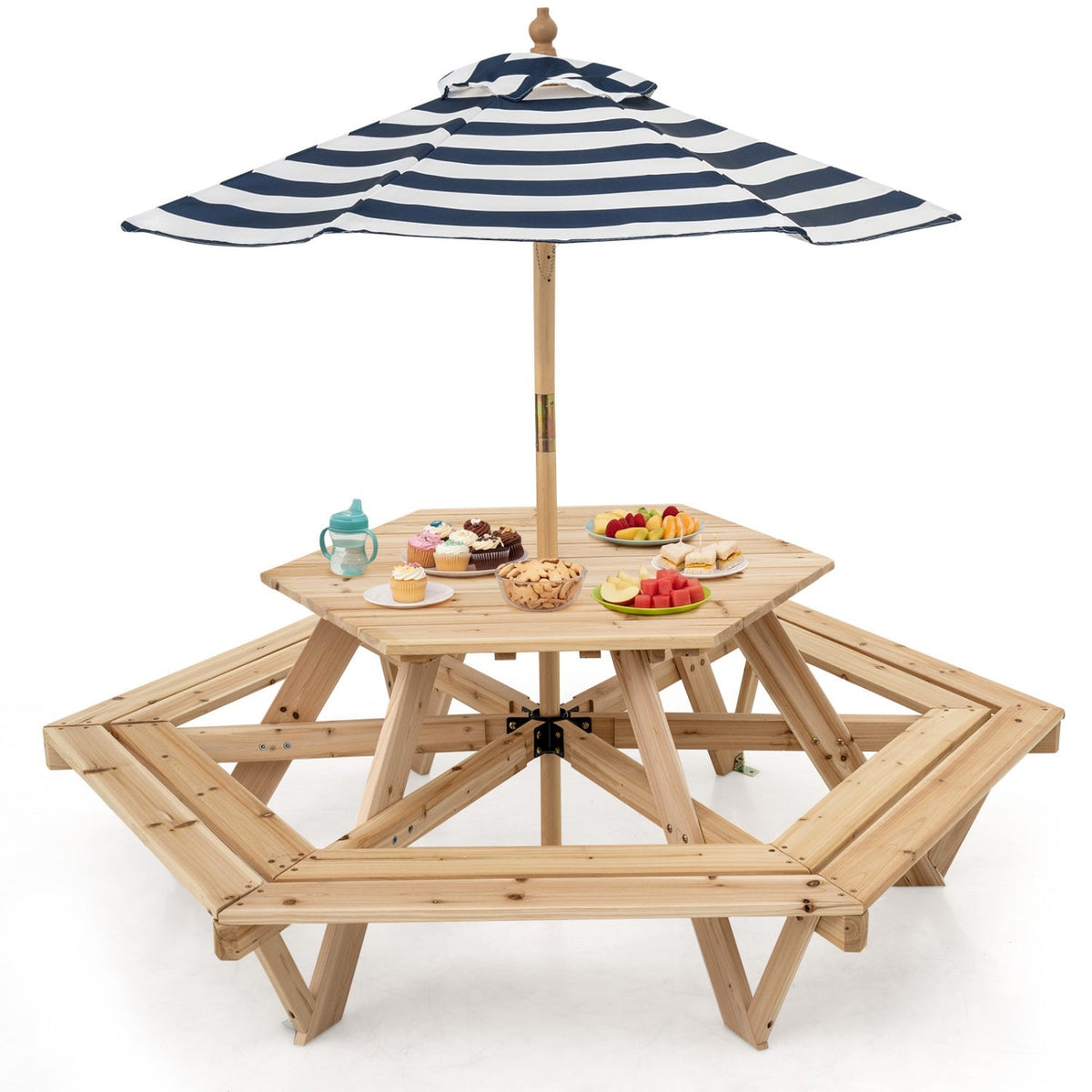 Kids hexagonal picnic table with umbrella and six benches, made of durable kids' furniture from GBruno Store.