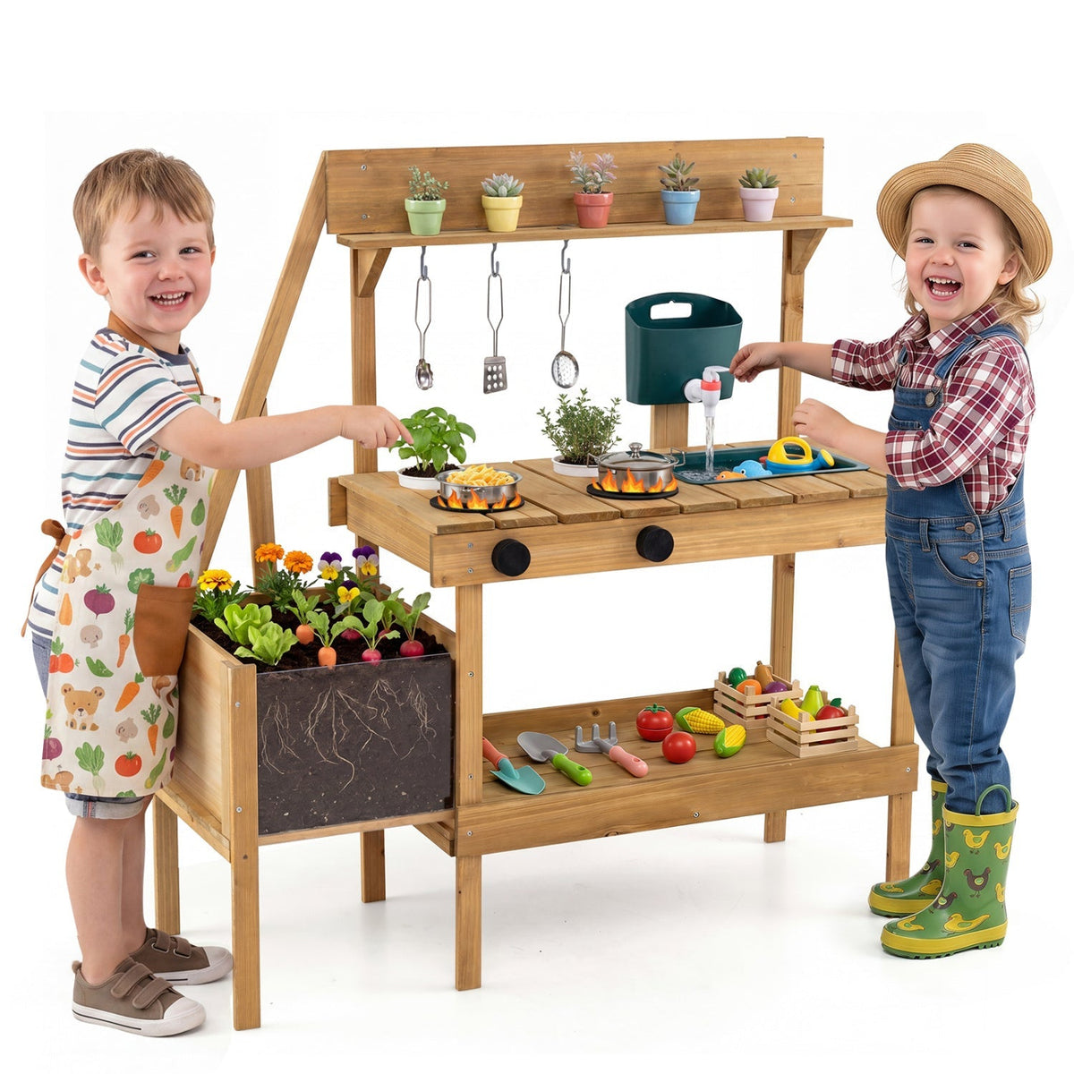 Wooden mud kitchen with planter box for kids, featuring natural wood finish and play sink for outdoor imaginative play.