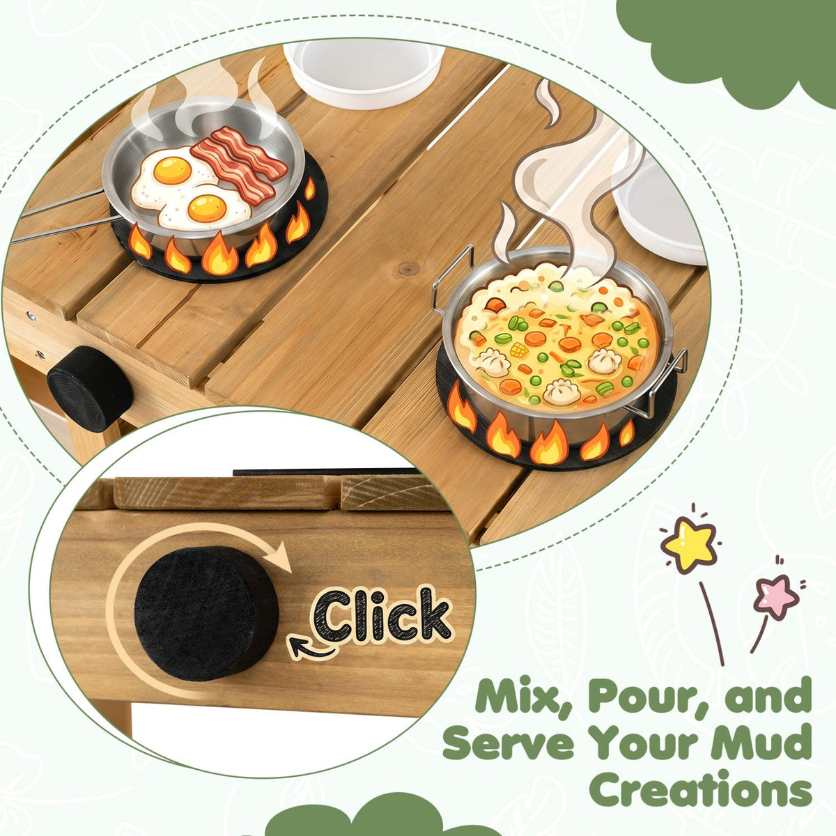 Wooden kids' mud kitchen with planter box, featuring play sink, countertop, and storage shelves for outdoor imaginative play.