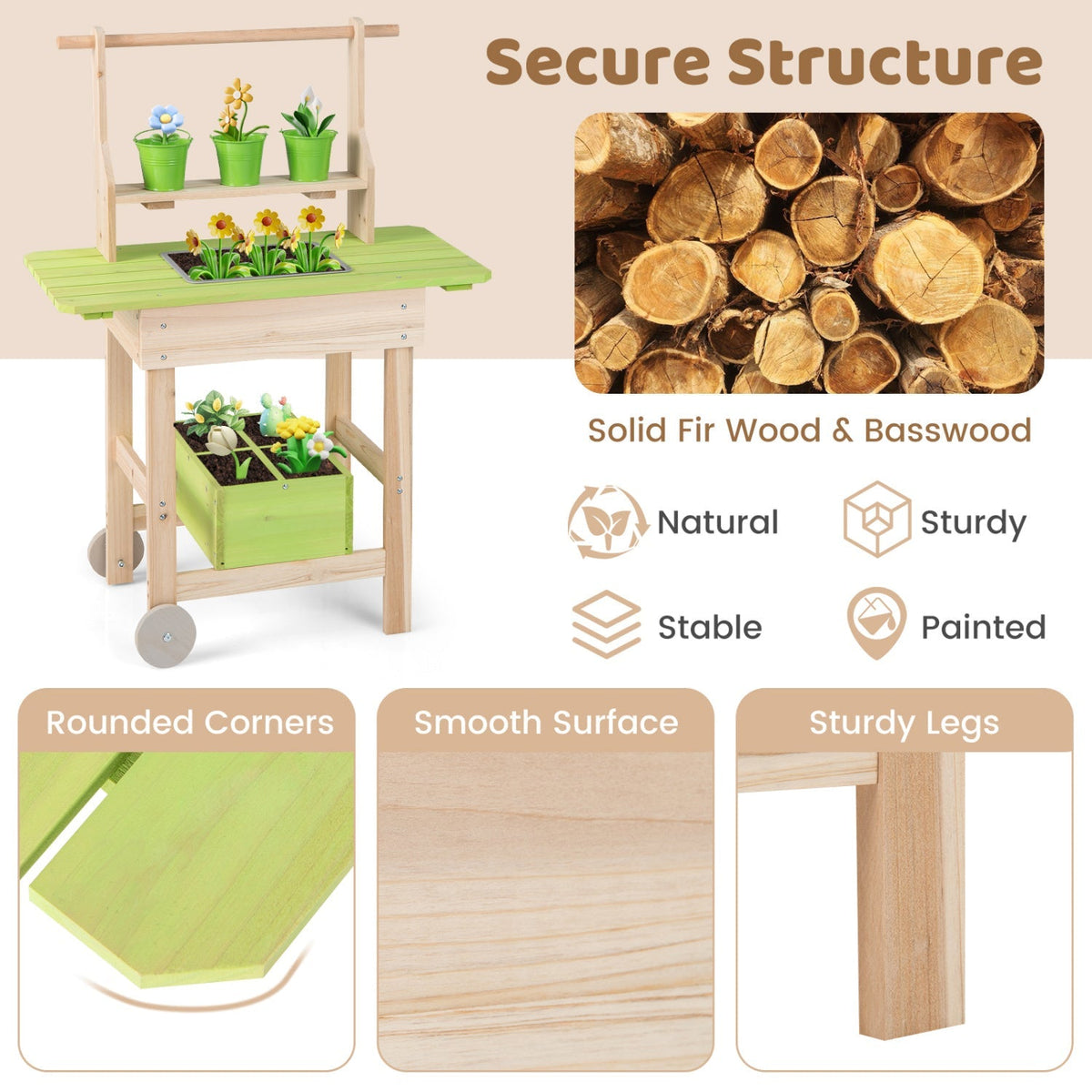 Kids mud kitchen with removable pots and planting trough, outdoor play kitchen for children, durable and colorful toy set.