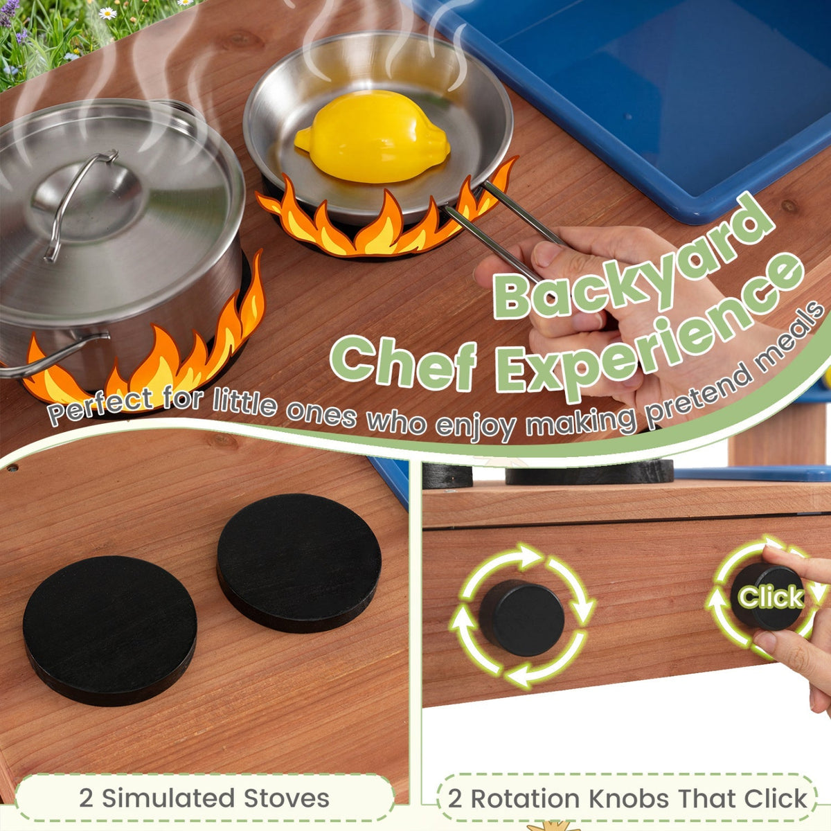 Kids mud kitchen play set with planter box and 13 accessories, featuring colorful child-sized outdoor kitchen for imaginative play.