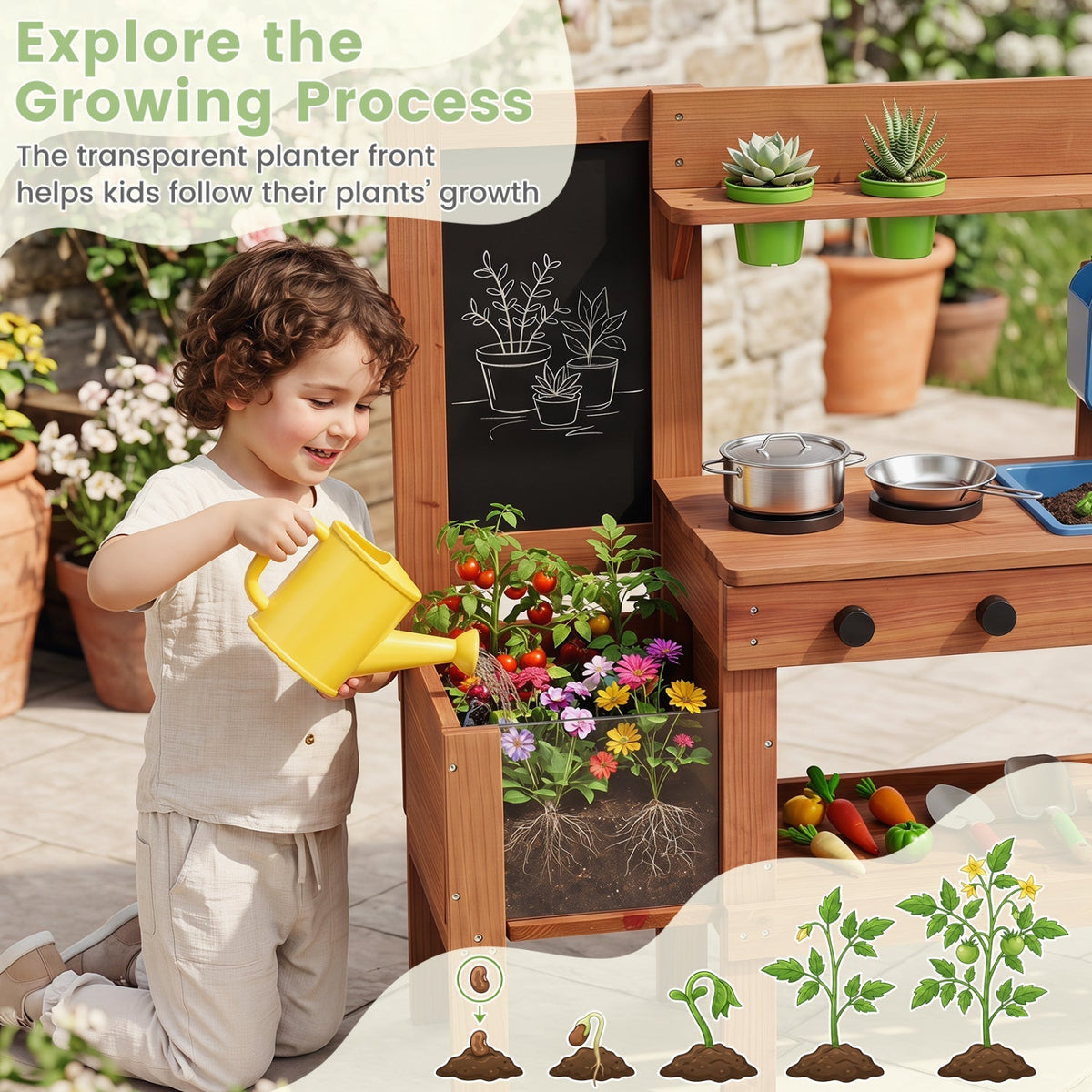Kids mud kitchen play set with planter box and 13 accessories, featuring colorful outdoor toy for creative outdoor fun.