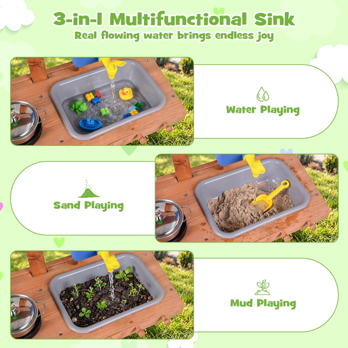Kids mud kitchen by GBruno Store with water tank, sink, and 15 accessories for outdoor imaginative play.