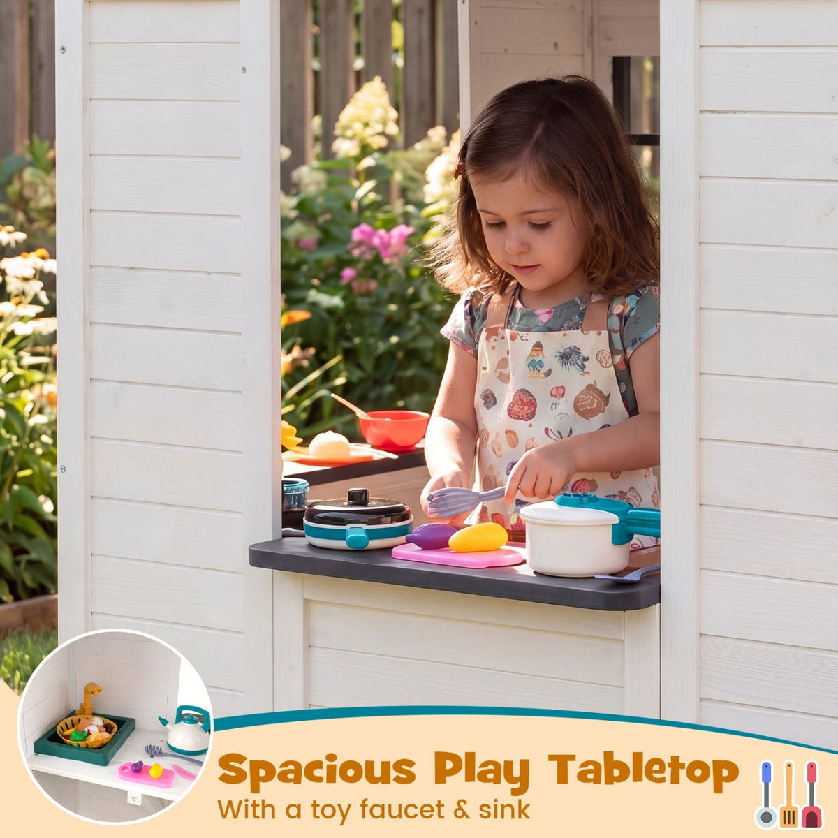 Kids outdoor wooden playhouse with sink, spruce cottage style, half door and play area, designed for outdoor fun.